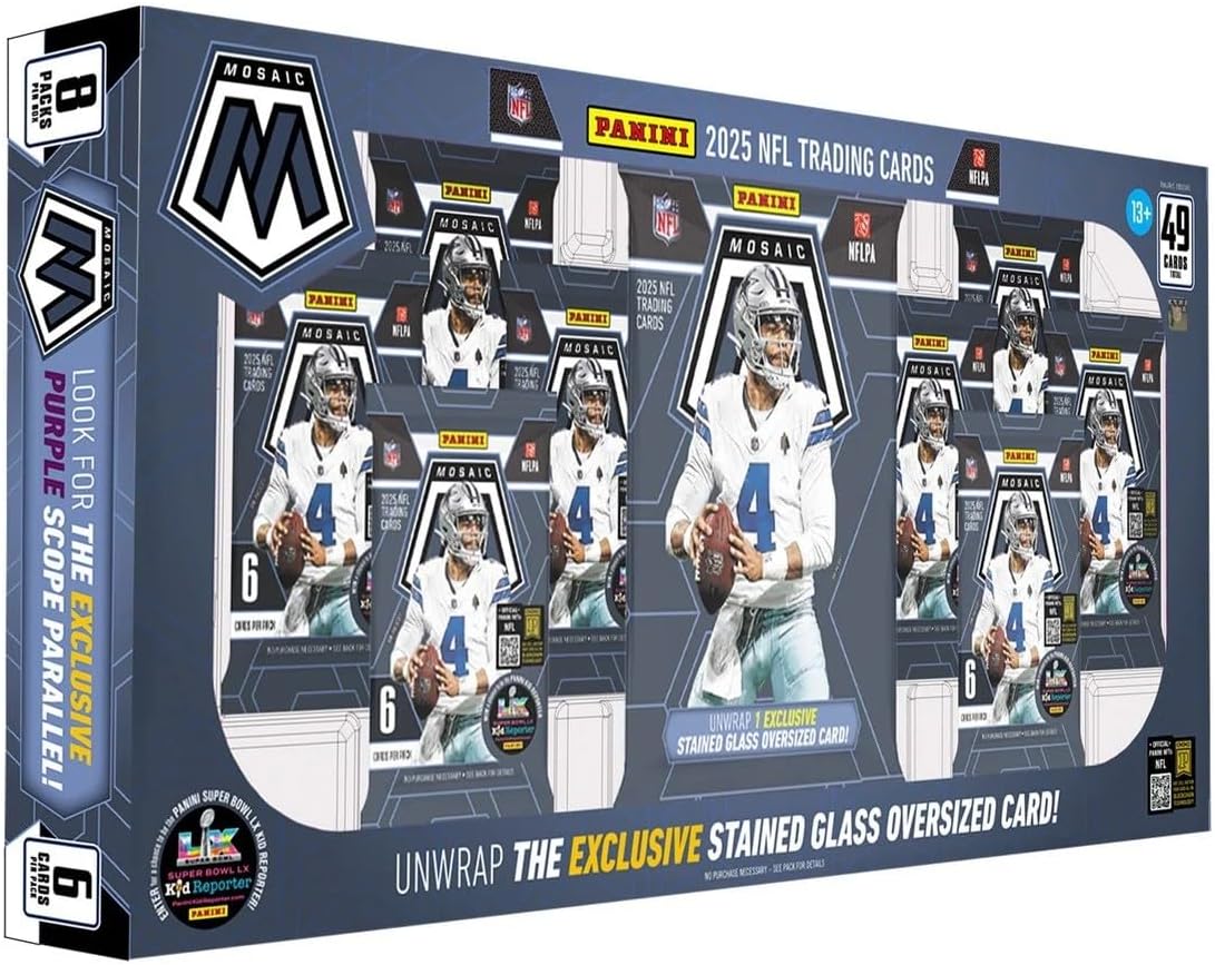 Panini Mosaic Football 2025 – Boîte de cartes NFL – Carte vitrail surdimensionnée incluse
