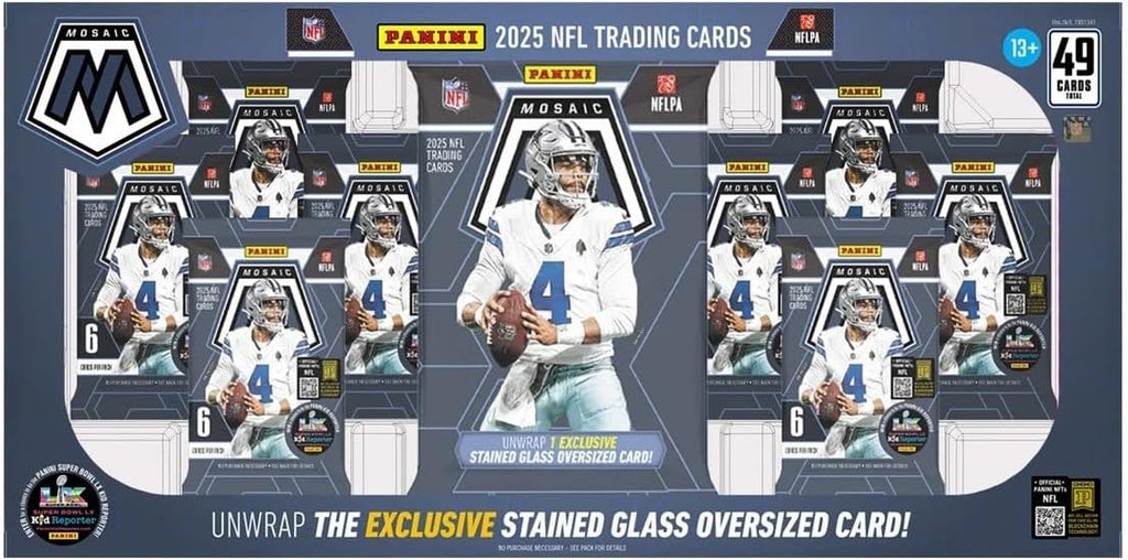 Panini Mosaic Football 2025 – Boîte de cartes NFL – Carte vitrail surdimensionnée incluse