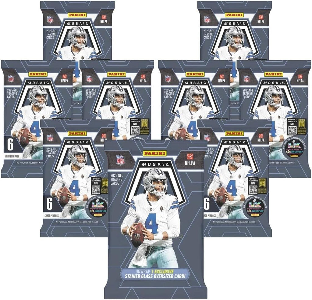 Panini Mosaic Football 2025 – Boîte de cartes NFL – Carte vitrail surdimensionnée incluse