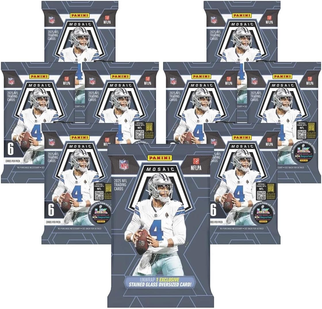 Panini Mosaic Football 2025 – Boîte de cartes NFL – Carte vitrail surdimensionnée incluse