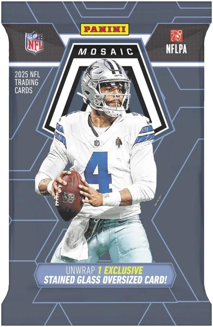 Panini Mosaic Football 2025 – Boîte de cartes NFL – Carte vitrail surdimensionnée incluse